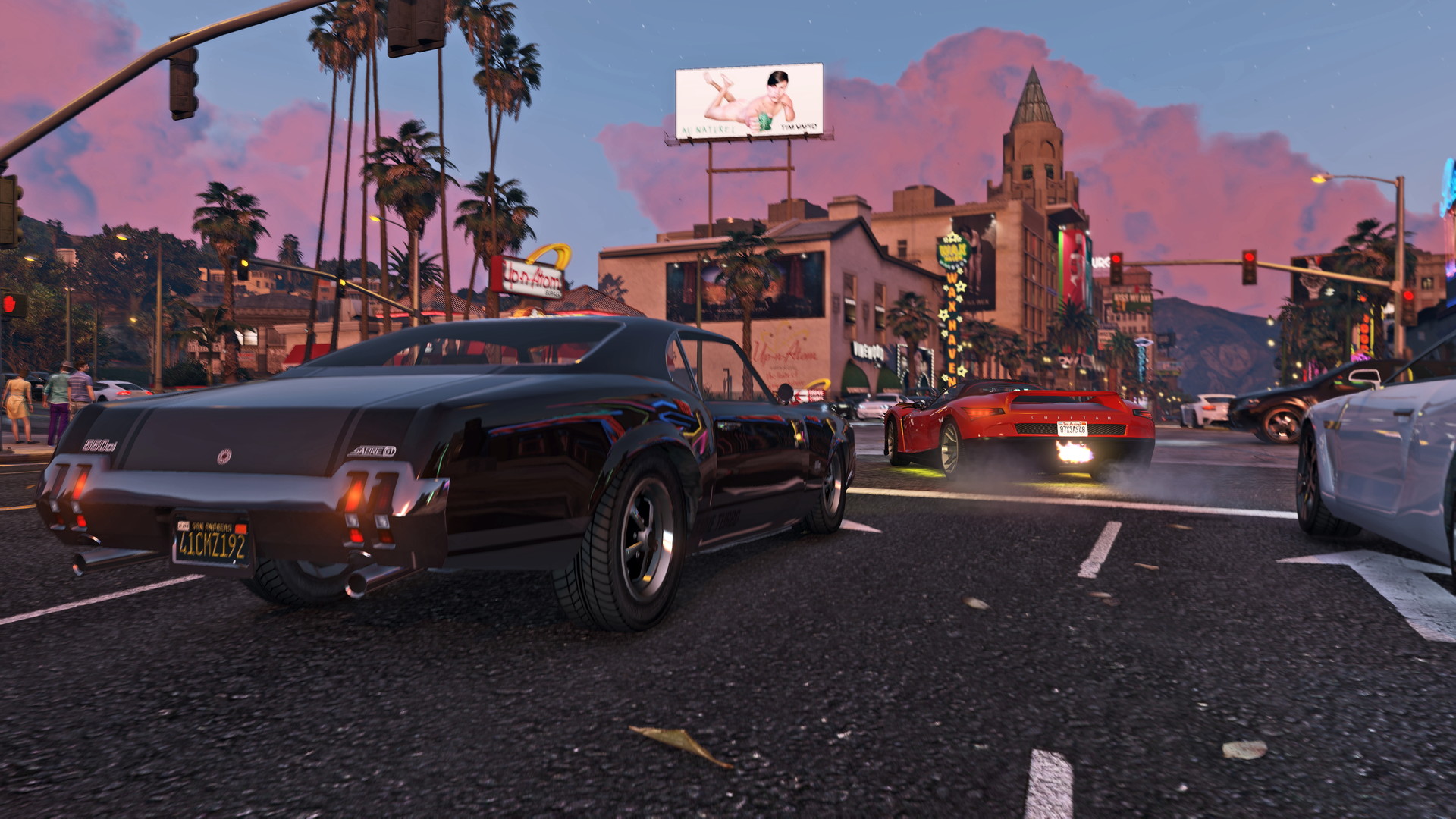 GTA 5 cars driving down sunlit streets