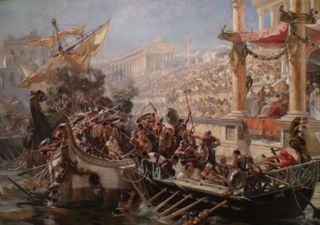 Painting shows naval warfare in the Coliseum.  