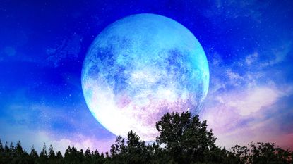 Why is the Moon so bright tonight? Amazing display of blue and red color in the sky. Background night sky with stars, moon and lugs. The image of the moon of incomparable beauty.