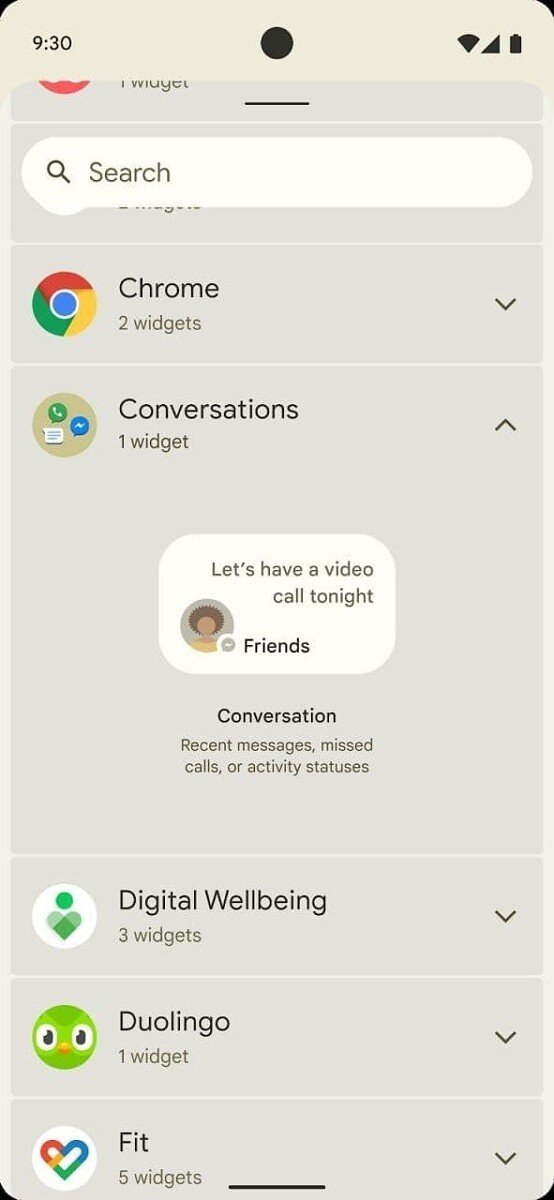 Leaked screenshots showing Android 12 developer preview widgets