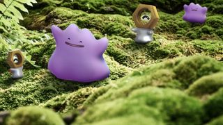 Ditto and Meltan play together in a forest environment. There are two of each Pokémon.