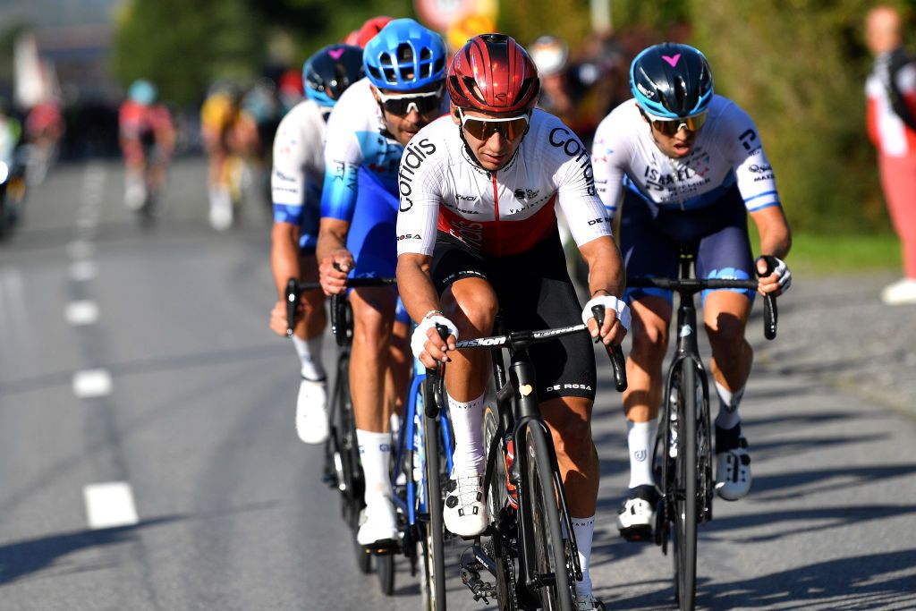 BINCHE BELGIUM OCTOBER 04 Bryan Coquard of France and Team Cofidis attacks during the 35th Binche Chimay Binche Memorial Frank Vandenbroucke 2022 a 1986km one day race from Binche to Binche BincheChimayBinche on October 04 2022 in Binche Belgium Photo by Luc ClaessenGetty Images