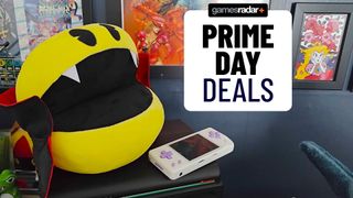 Pac-Man dressed as a vampire sitting on top of a Vectrex next to an Anbernic retro handheld and a "Prime Day deals" badge on right.