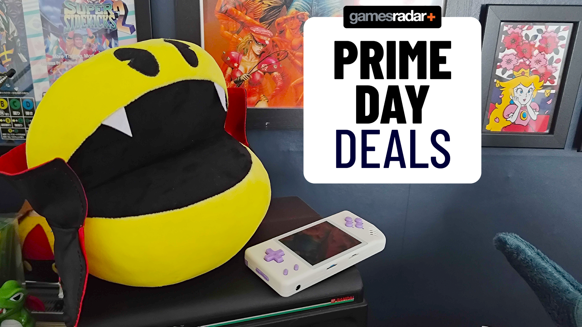 Pac-Man dressed as a vampire sitting on top of a Vectrex next to an Anbernic retro handheld and a "Prime Day deals" badge on right.