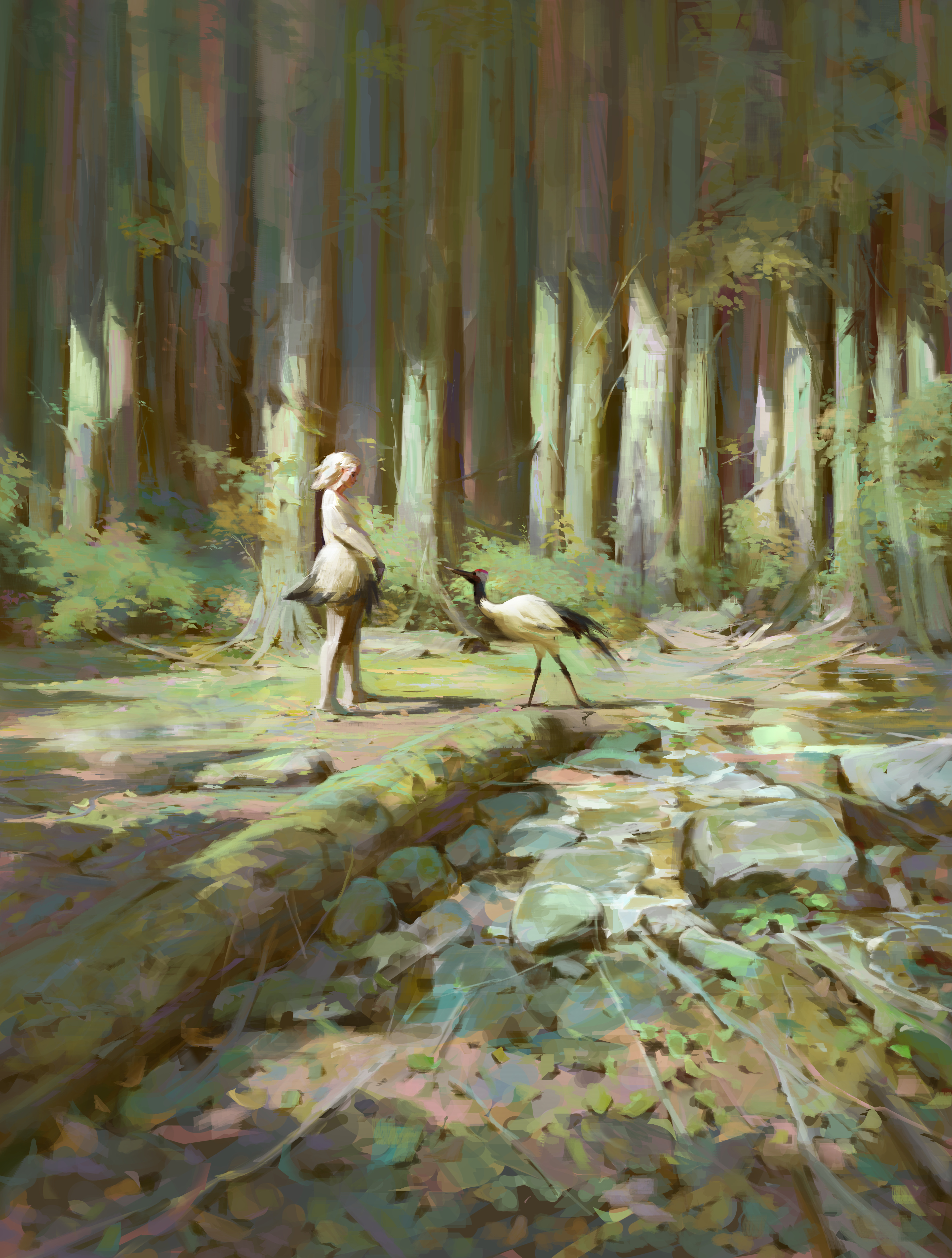 Cinematic environments; a woman meets a bird in the woods