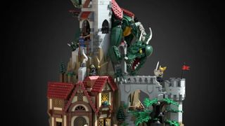 LEGO Dungeons & Dragons set, featuring a dragon on a tower fighting adventurers