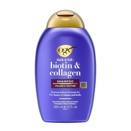 Ogx Thick &amp;amp; Full + Biotin &amp;amp; Collagen Volumizing Shampoo, Nutrient-Infused Hair Shampoo With Vitamin B7 Biotin Gives Hair Volume &amp;amp; Body for 72+ Hours, Sulfate-Free Surfactants, 13 Fl. Oz