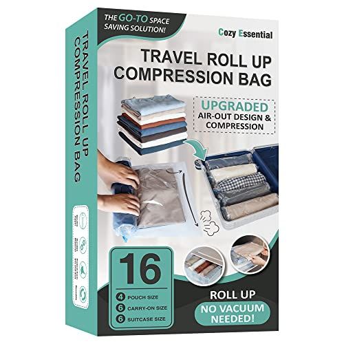 16 Roll Up Travel Compression Bags No Vacuum Needed (6 Large Roll/6 Medium Roll/4 Small Roll)