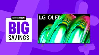 LG OLED A2 on a purple background with big savings badge