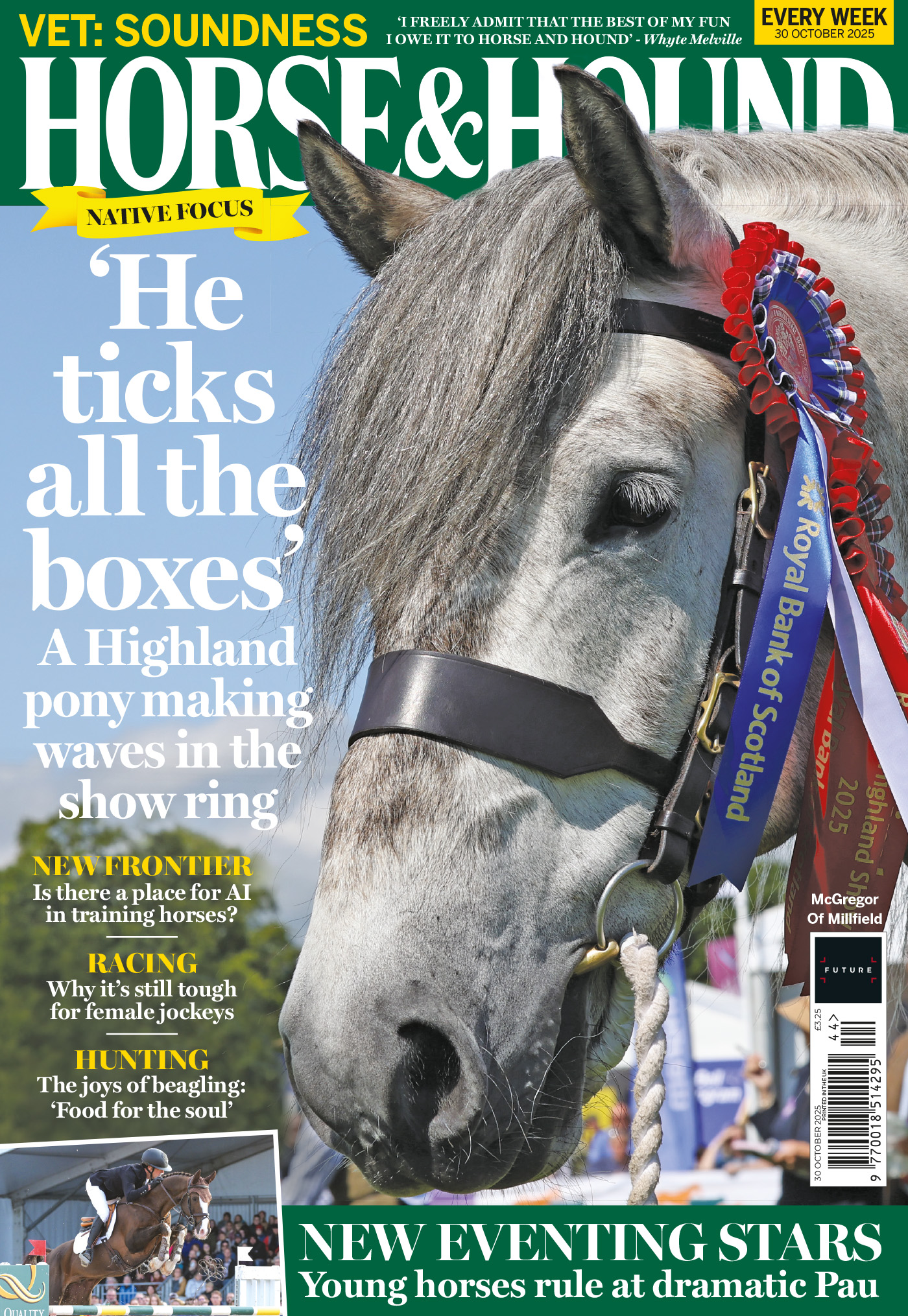 Cover of Horse &amp; Hound 30th October issue, featuring a grey Highland pony