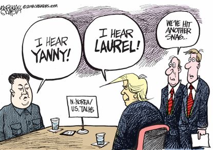 Political cartoon U.S. Trump Kim Jong-Un North Korea summit Yanny Laurel