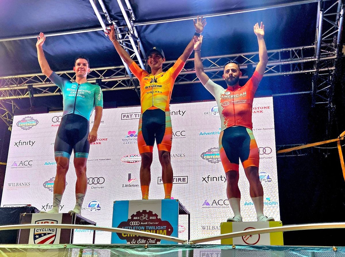 Men's podium at 2024 Littleton Twilight Criterium, winner Alfredo Rodriguez in centre