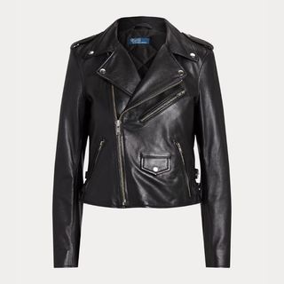 A cutout of a black Ralph Lauren biker jacket