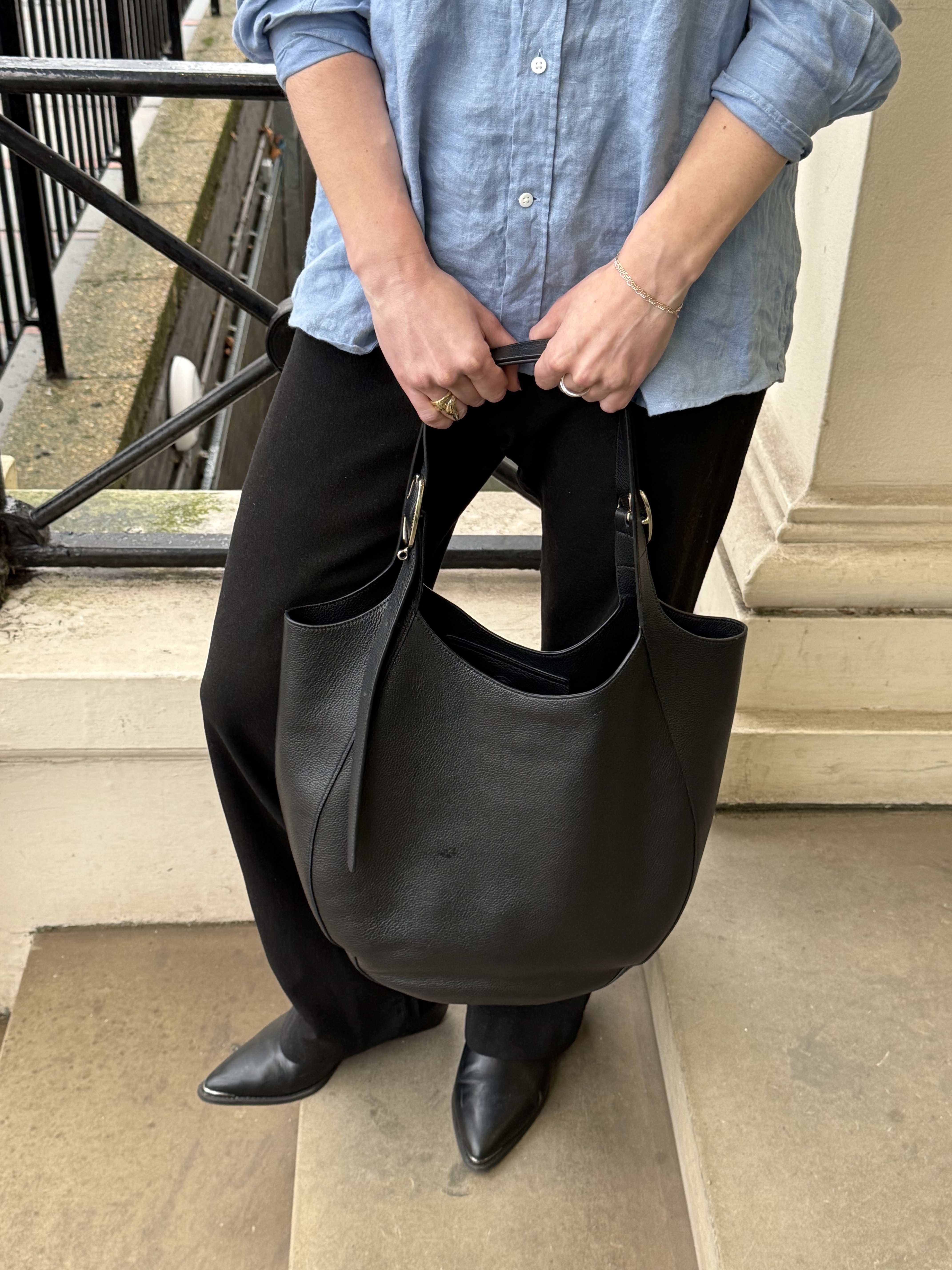 An image ofBest Knockoff Luxury Clothing
 UK News Writer Natalie Munro carrying the Longchamp Le Foulonn&amp;eacute;.