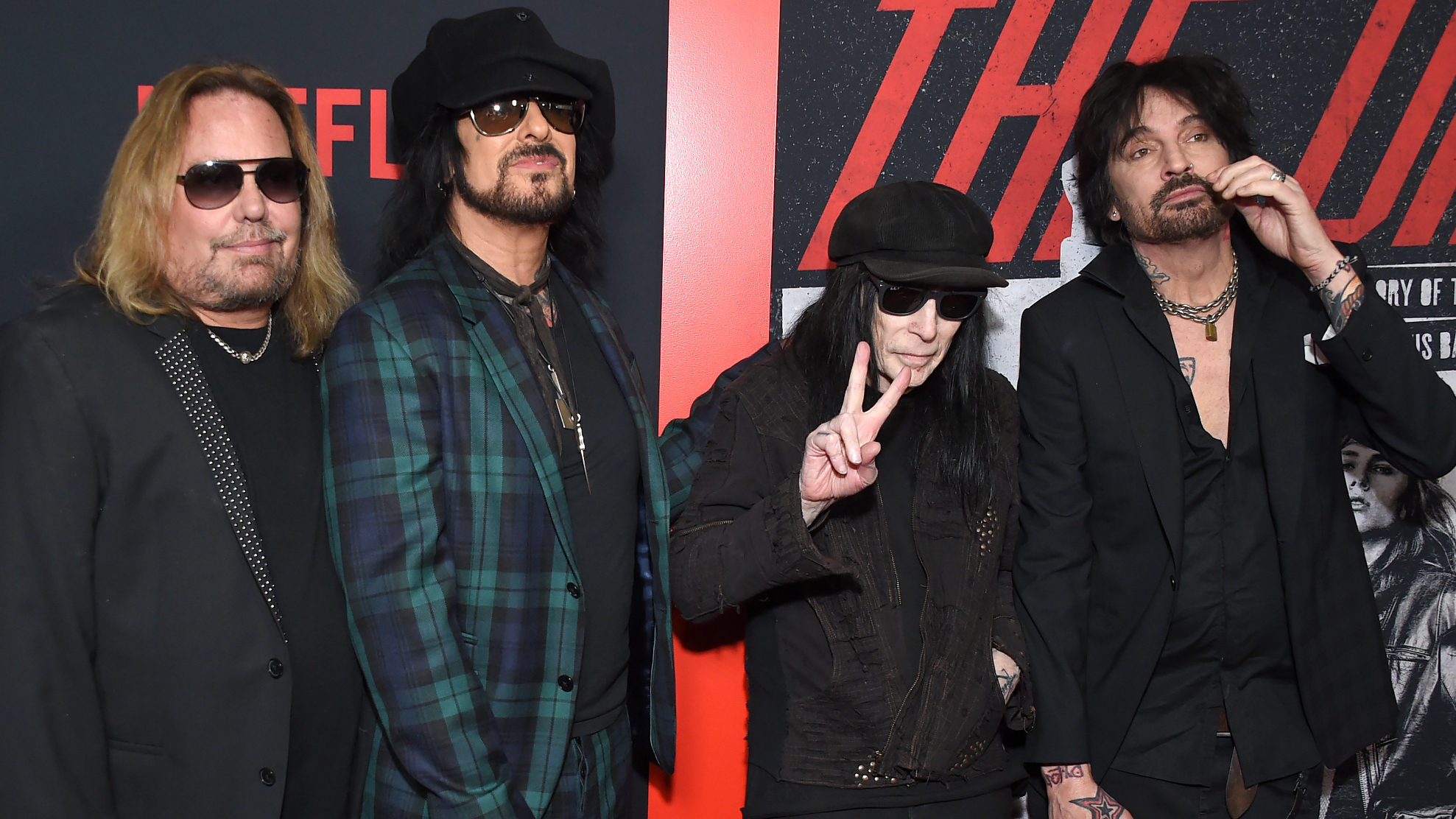 Motley Crue, Vince Neil, Nikki Sixx, Mick Mars and Tommy Lee arrives for the Netflix 'The Dirt' Premiere on March 18, 2019 in Hollywood