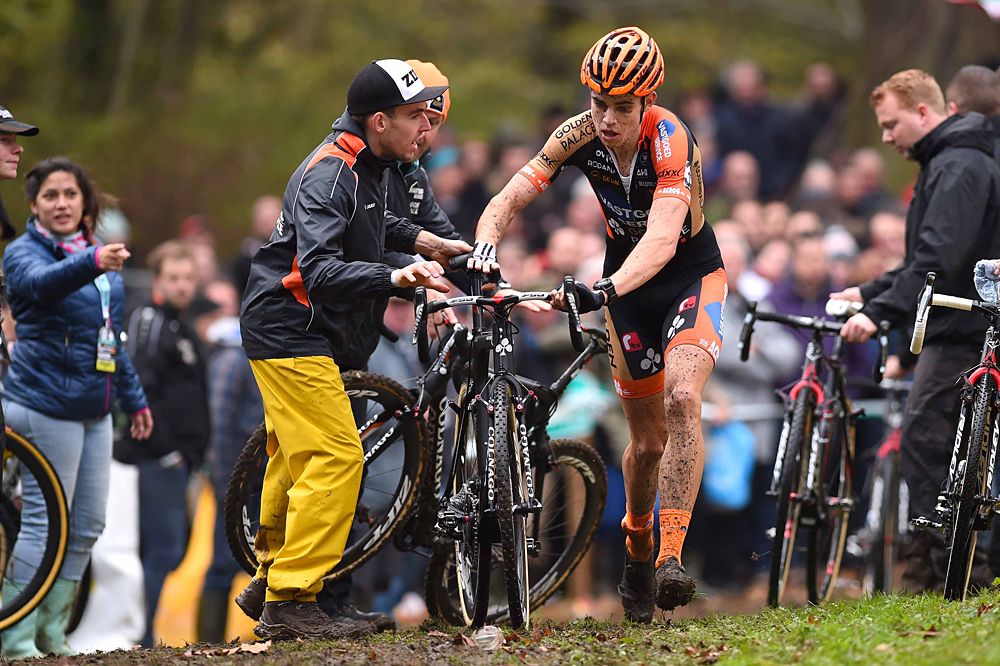 Wout Van Aert (Vastgoedservice Golden Palace Ct) takes a bike swap at Superprestige in Gavere