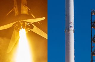 two side-by-side photos, showing (left) a spacex falcon 9 rocket's engines firing during a landing burn and (right) a white rocket launching into a blue sky.