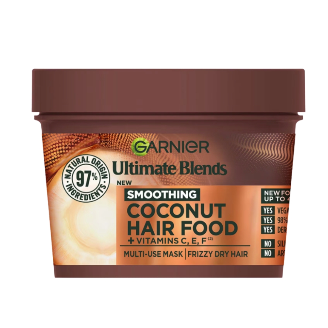 A product shot of the Garnier Ultimate Blends Hair Food Coconut Oil 3-in-1 Frizzy Hair Mask Treatment, on a white background