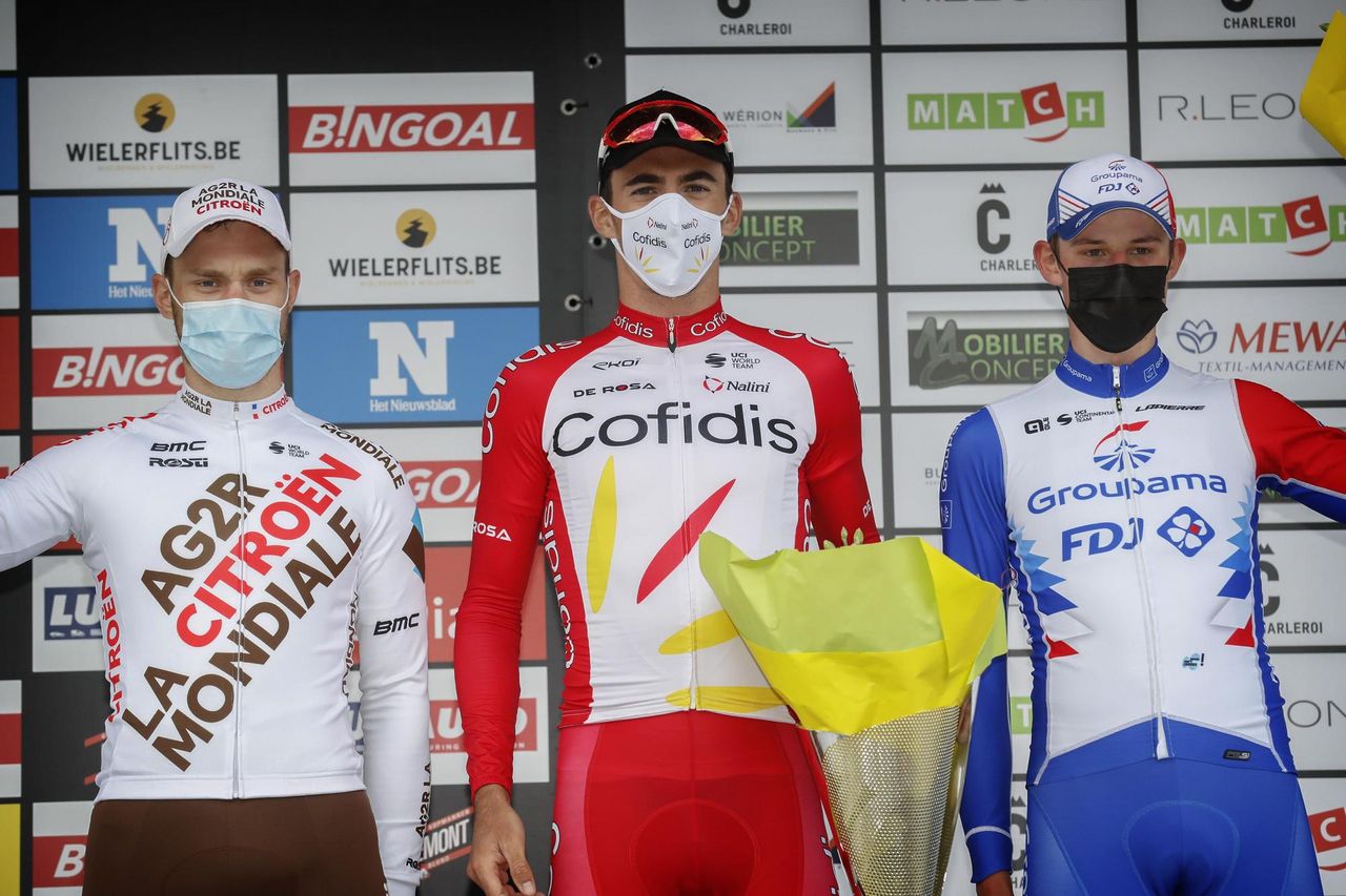Circuit de Wallonie 2021 55th Edition Charleroi Charleroi 1942 km 1352021 Marc Sarreau FRA AG2R Citroen Team Christophe Laporte FRA Team Cofidis Laurence Pithie Equipe continentale GroupamaFDJ photo Tim van WichelenCVBettiniPhoto2021