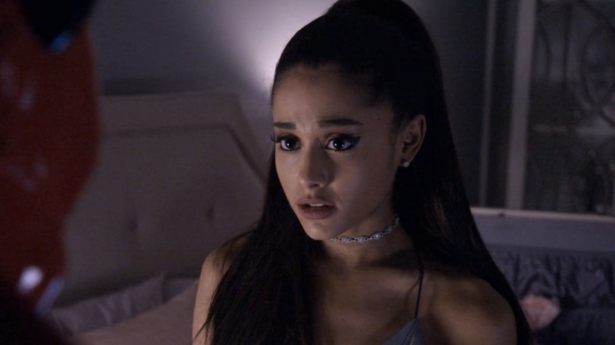 Ariana Grande looking scared coming face to face with the Red Devil in Scream Queens episode 1. 