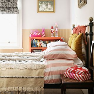 Christmas guest bedroom with metal bed frame