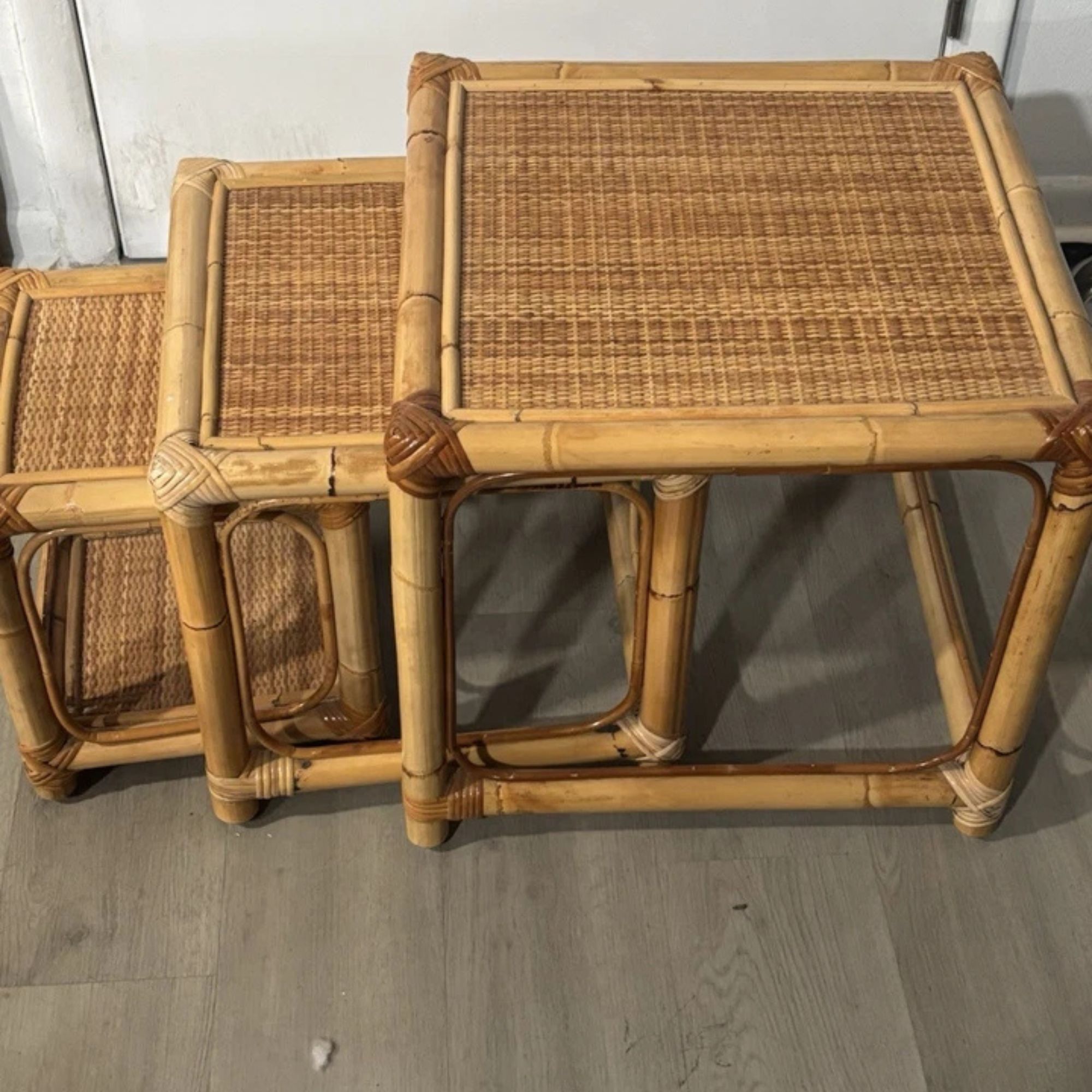 Italian Bohemian Bamboo and Rattan Nesting Tables, 1960s set of 3