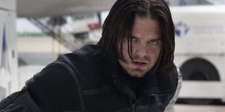 Sebastian Stan gazing intently as Winter Soldier in Captain America: Civil War