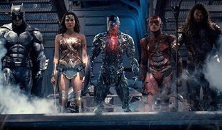 Justice League Batman, Wonder Woman, Cyborg, The Flash, and Aquaman getting off of a ship