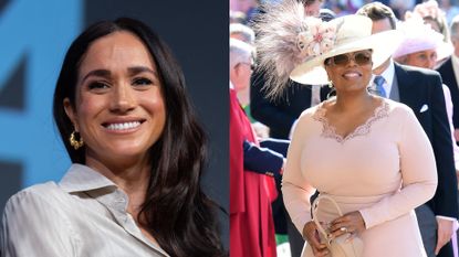 Meghan Markle smiling and wearing gold hoop earrings and a collared blouse next to an image of Oprah Winfrey in a pink dress and hat