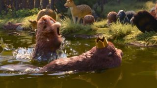 Mabel looking horrified next to George in the pond in Hoppers