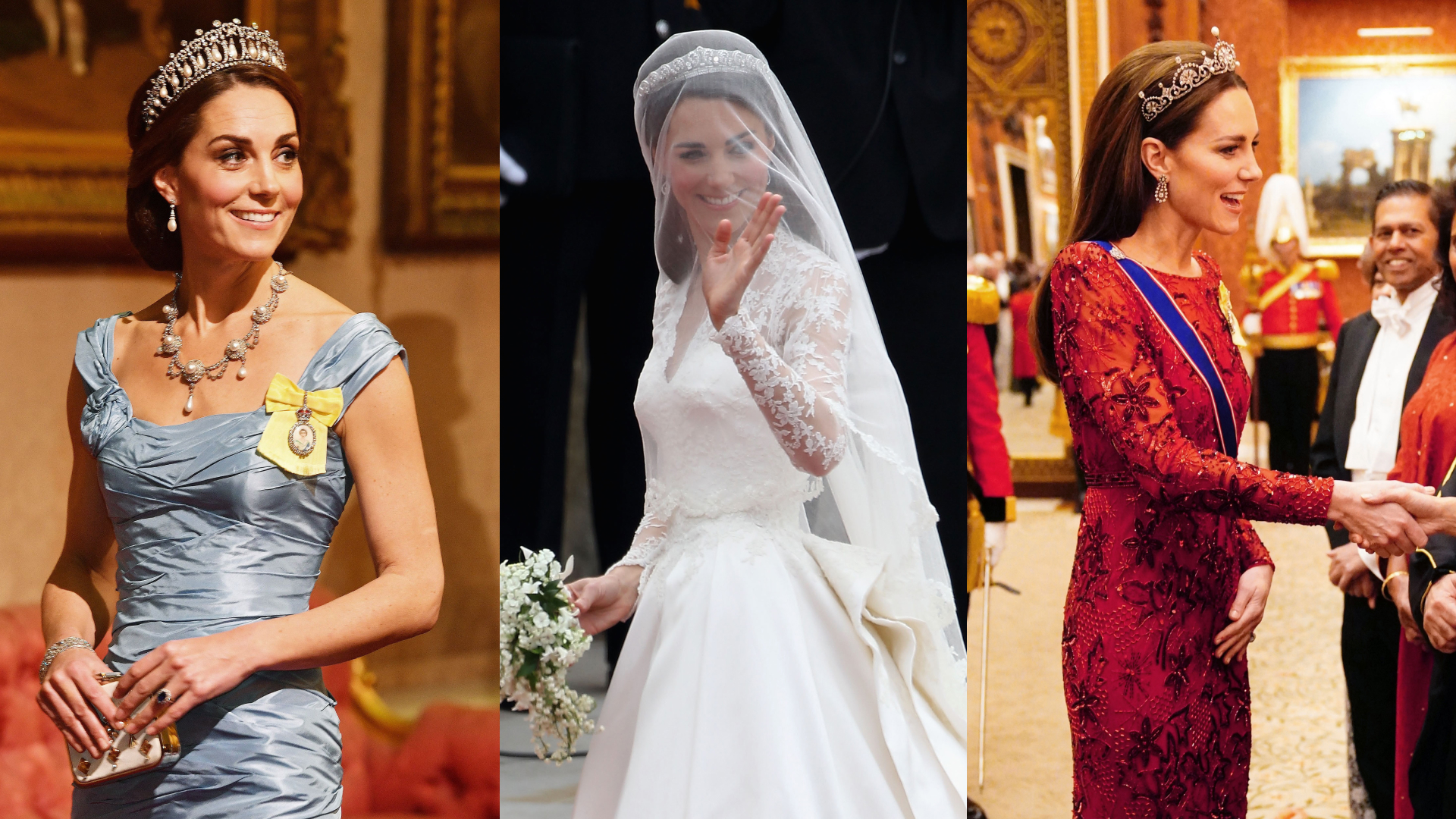 Princess Kate wearing a blue gown and the Lover's Knot Tiara; Princess Kate waving on her wedding day in her gown and veil; Princess Kate wearing a red gown and the Lotus Flower Tiara