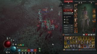Diablo 4 screenshot of a Necromancer standing in a field with an inventory menu full of items on the right