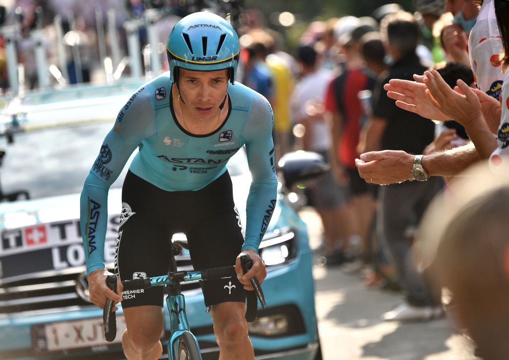 TOPSHOT Team Astana rider Colombias Miguel Angel Lopez competes during the 20th stage of the 107th edition of the Tour de France cycling race a time trial of 36 km between Lure and La Planche des Belles Filles on September 19 2020 Photo by AnneChristine POUJOULAT AFP Photo by ANNECHRISTINE POUJOULATAFP via Getty Images