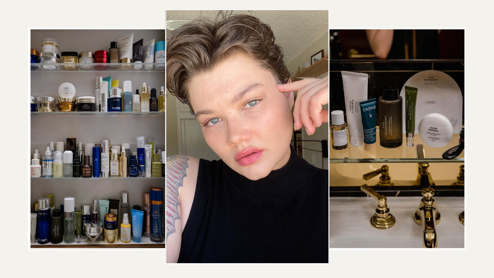 A collage of skincare on shelves with a selfie of Isabel Hendrix
