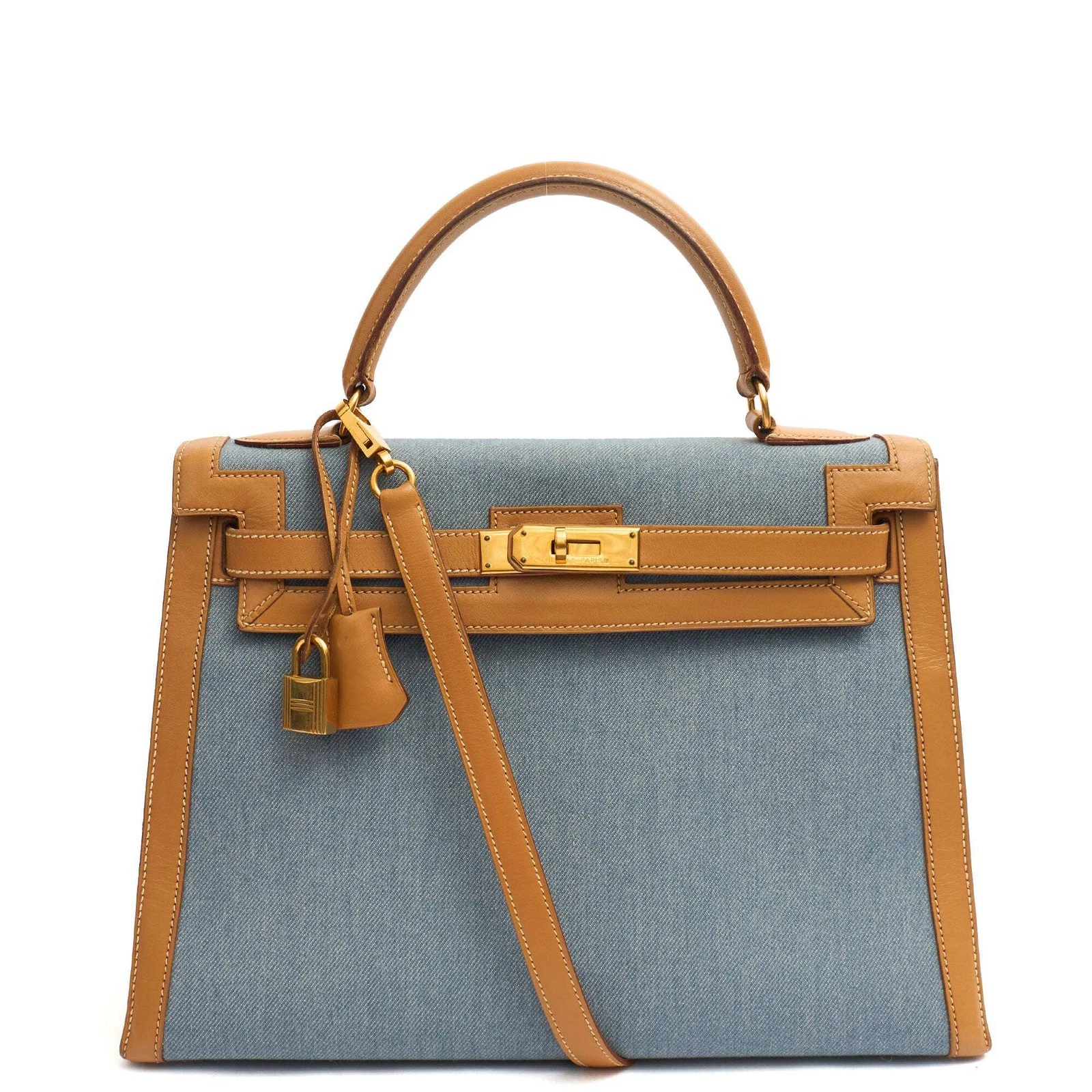 Herm&amp;eacute;s, Hermes Kelly 32 in Blue Denim With Vache Naturelle Leather, Gold Hardware