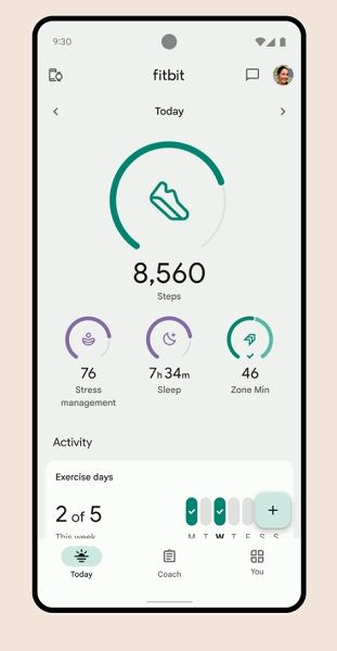 The Fitbit app's redesigned "Today" tab.