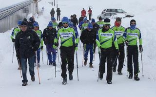The Liquigas squad set off on a cross-country hike at Passo San Pellegrino