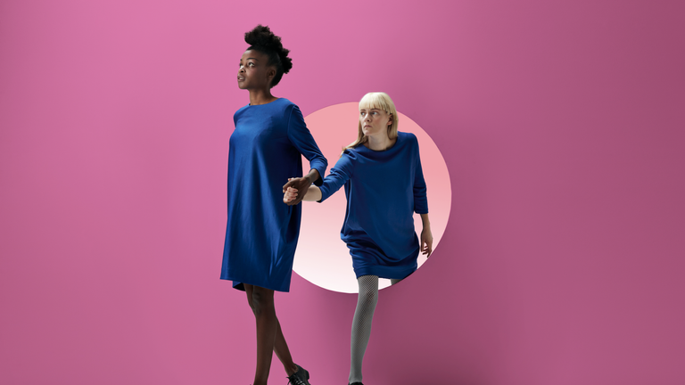 Clothing, Pink, Fashion, Sleeve, Magenta, Purple, Dress, Shoulder, Fashion design, Standing,
