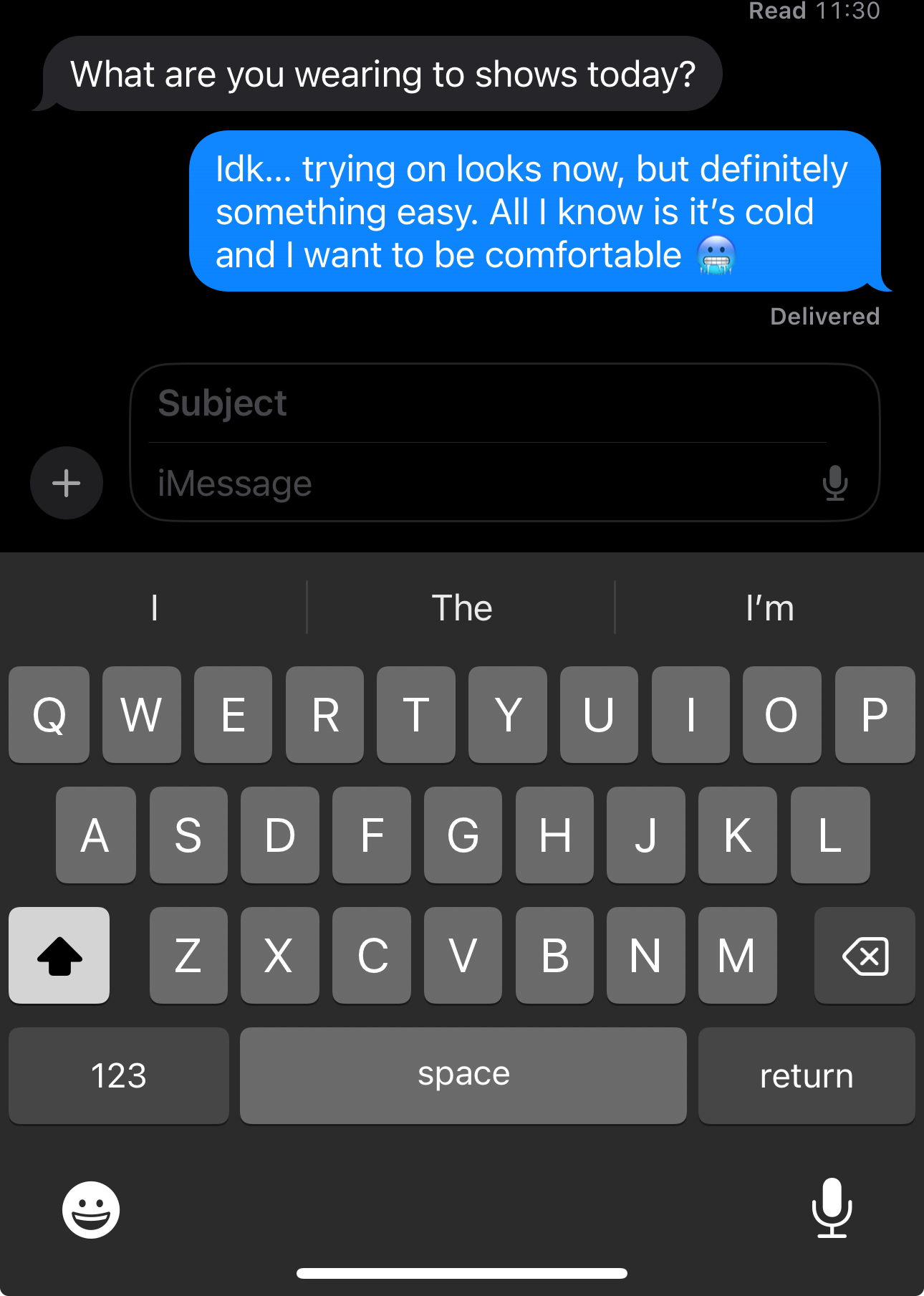 Screenshot of a text message between Tiffany Reid and her fashion friends in a group chat during New York Fashion Week.