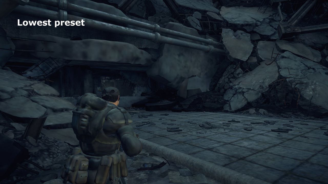 A screenshot of the PC version of Gears of War: Reloaded, showing the visual impact of using the Lowest quality preset