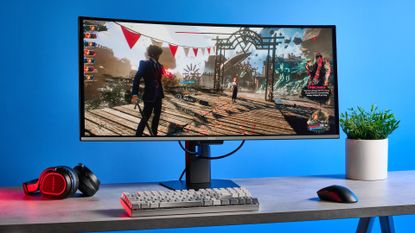 An MSI MPG 341CQR QD-OLED X36 gaming monitor in black