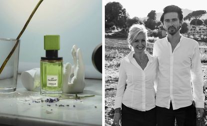 Le Passant fragrance by Ormaie in glass bottle with green, geometric cap, next to a black and white image of Ormaie founders Marie-Lise Jonak and Baptiste Bouygue
