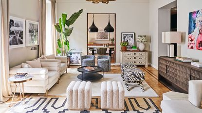 Neutral coloured living room with patterned arm chair and houseplant