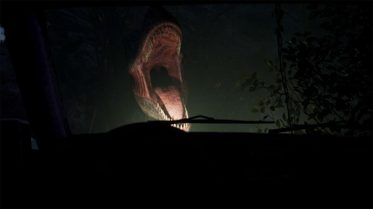view from car as T rex lunges toward