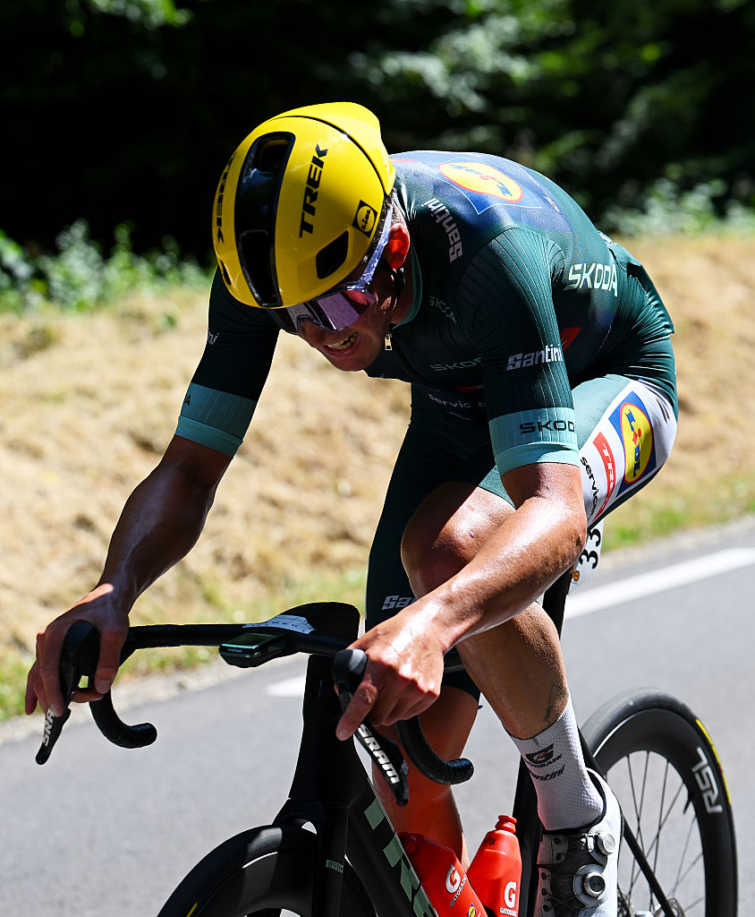 BELFORT, FRANCE - JULY 17: Mads Pedersen of Denmark and Team Lidl - Trek - Green Sprint Jersey competes in the breakaway during the 113th Tour de France 2026, Stage 13 a 205.8km stage from Dole to Belfort / #UCIWT / on July 17, 2026 in Belfort, France. (Photo by Tim de Waele/Getty Images)