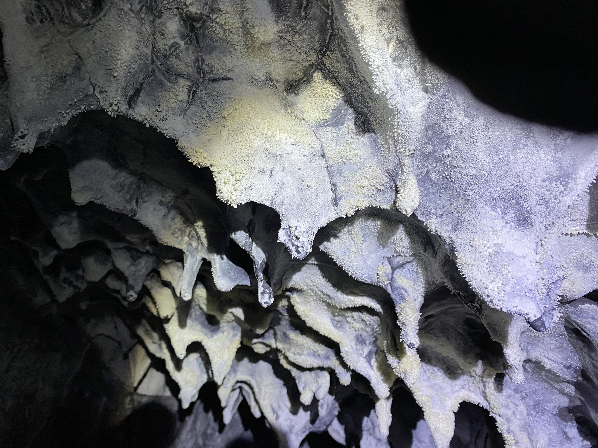 Lava stalactites inside a lava cave in the volcanic terrain around HI-SEAS.