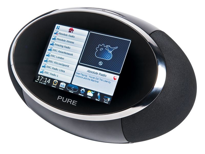 Pure Sensia radio in black, on a white background