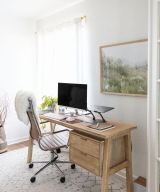 Calm home office set-up with elevated monitor on wooden desk.