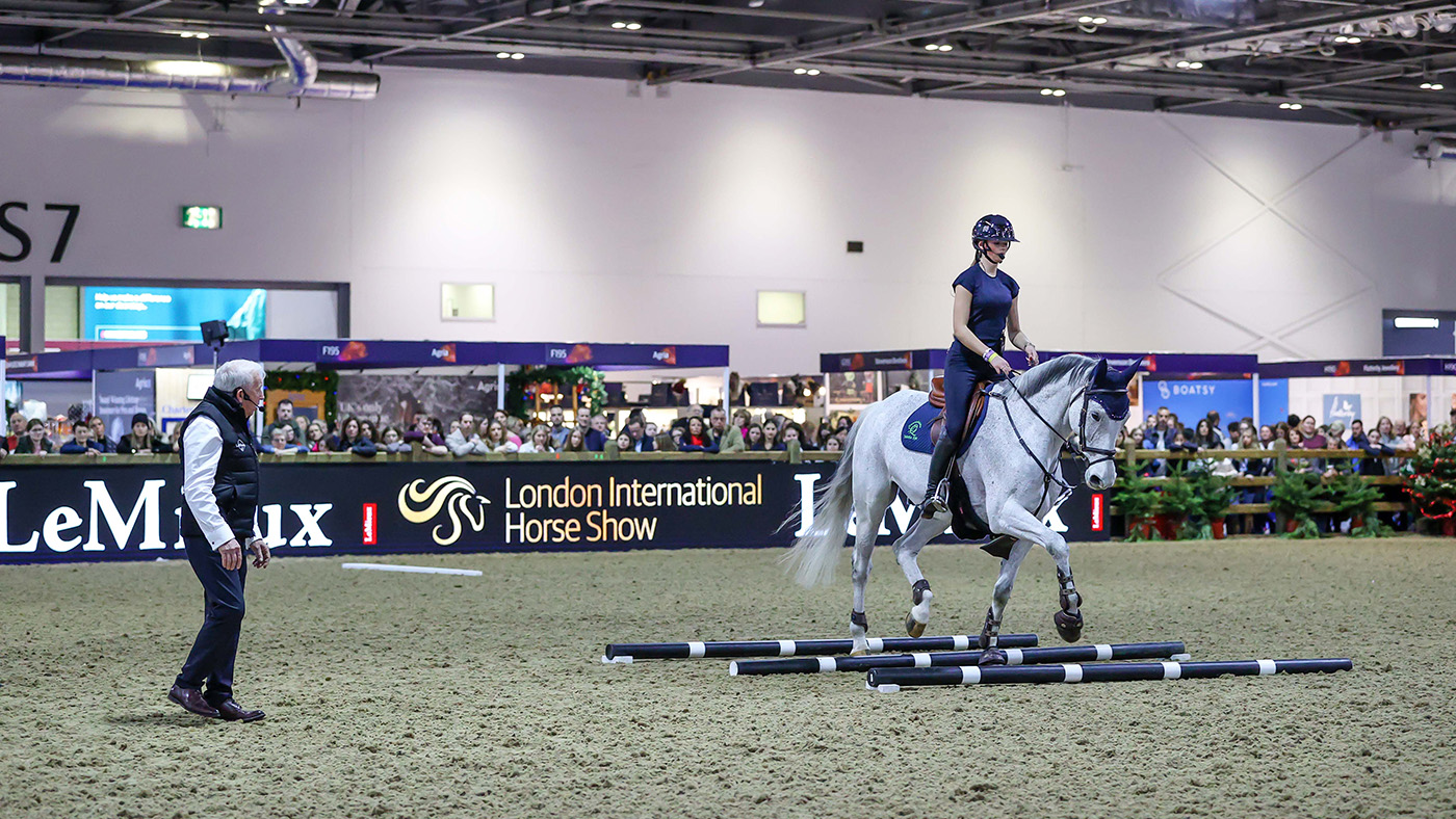 Showjumping training tips at the LeMieux masterclass at London International. Tabitha Kyle rides Morginto during the masterclass, with John Ledingham instructing.