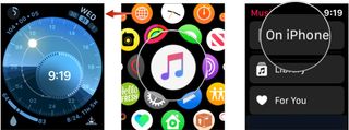 To control music from iPhone on Apple Watch, press the Digital Crown, then tap the Music app. Scroll up and tap On iPhone.